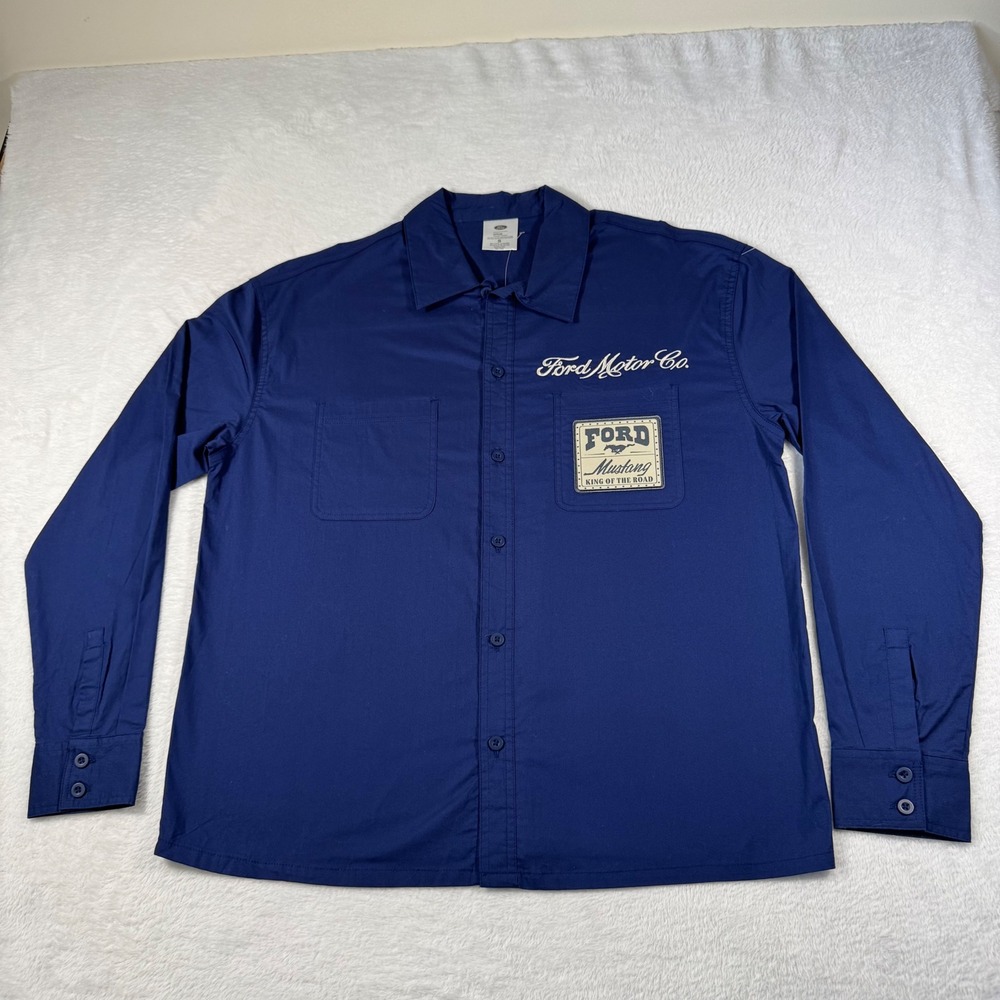 Ford Mustang Work Shirt Mens S Navy Blue Excellent Embroidered Long Sleeve Patch